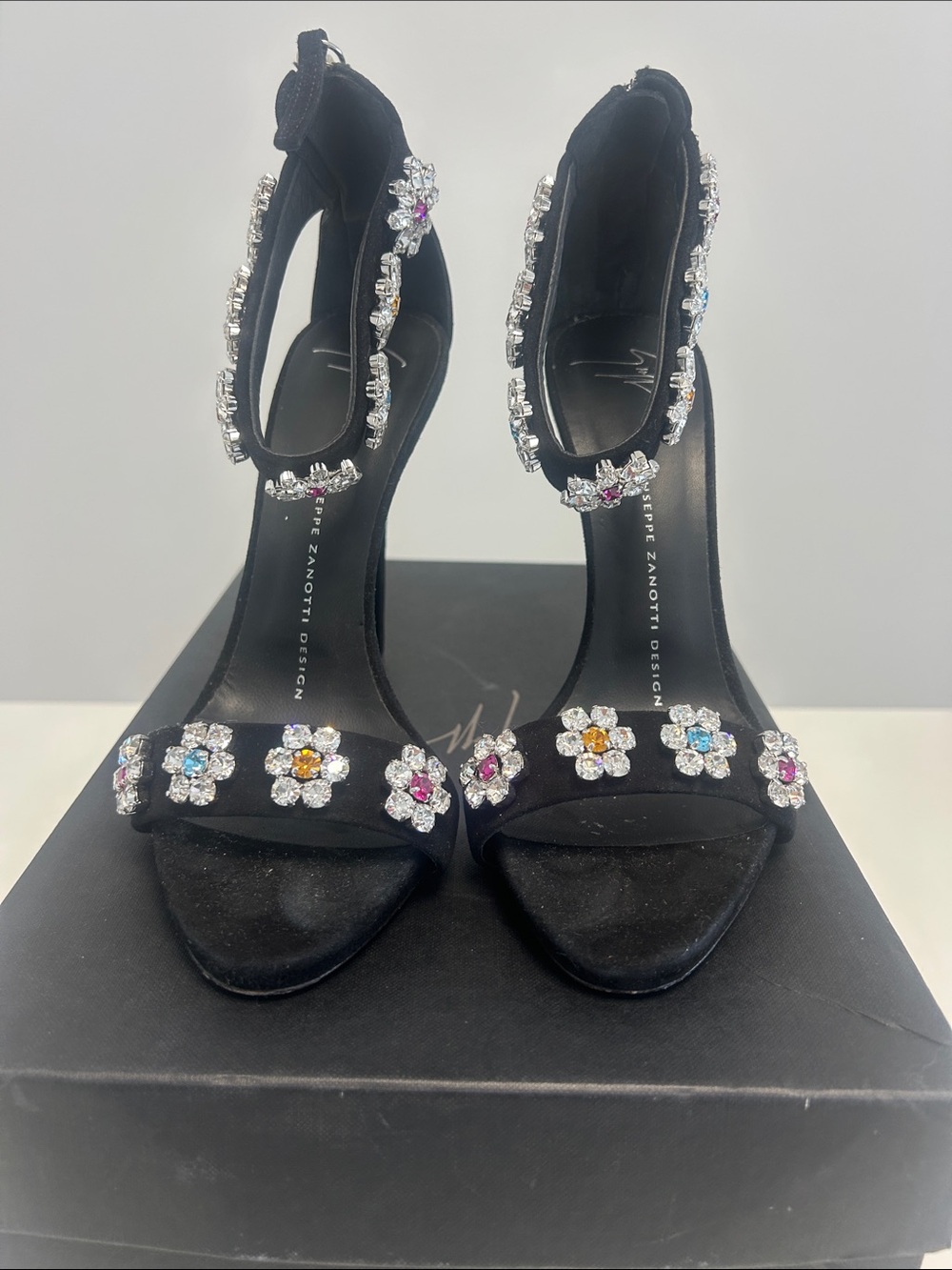 Giuseppe Zanotti Black Satin Crystal Flower Ankle-Strap Heels
